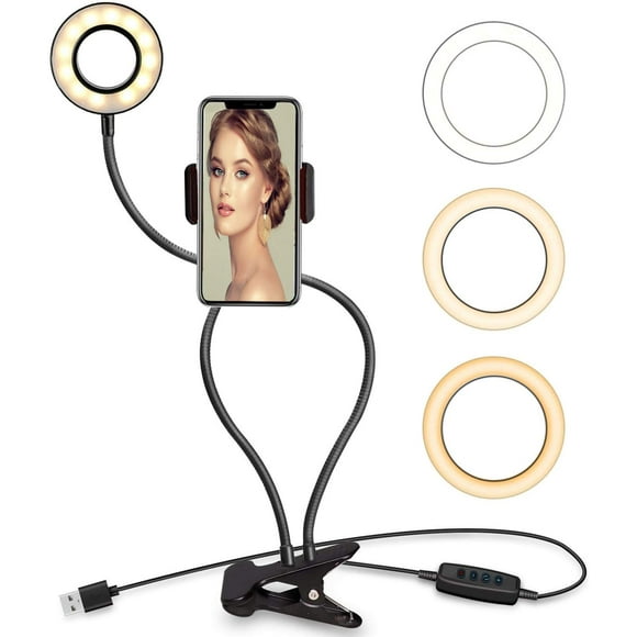 Vivider (TM) Selfie Ring Light avec Support de Téléphone Portable pour Flux en Direct / Maquillage, Éclairage de la Caméra LED [mode 3 lumières] [10 Niveaux de Luminosité] avec Bras Flexibles