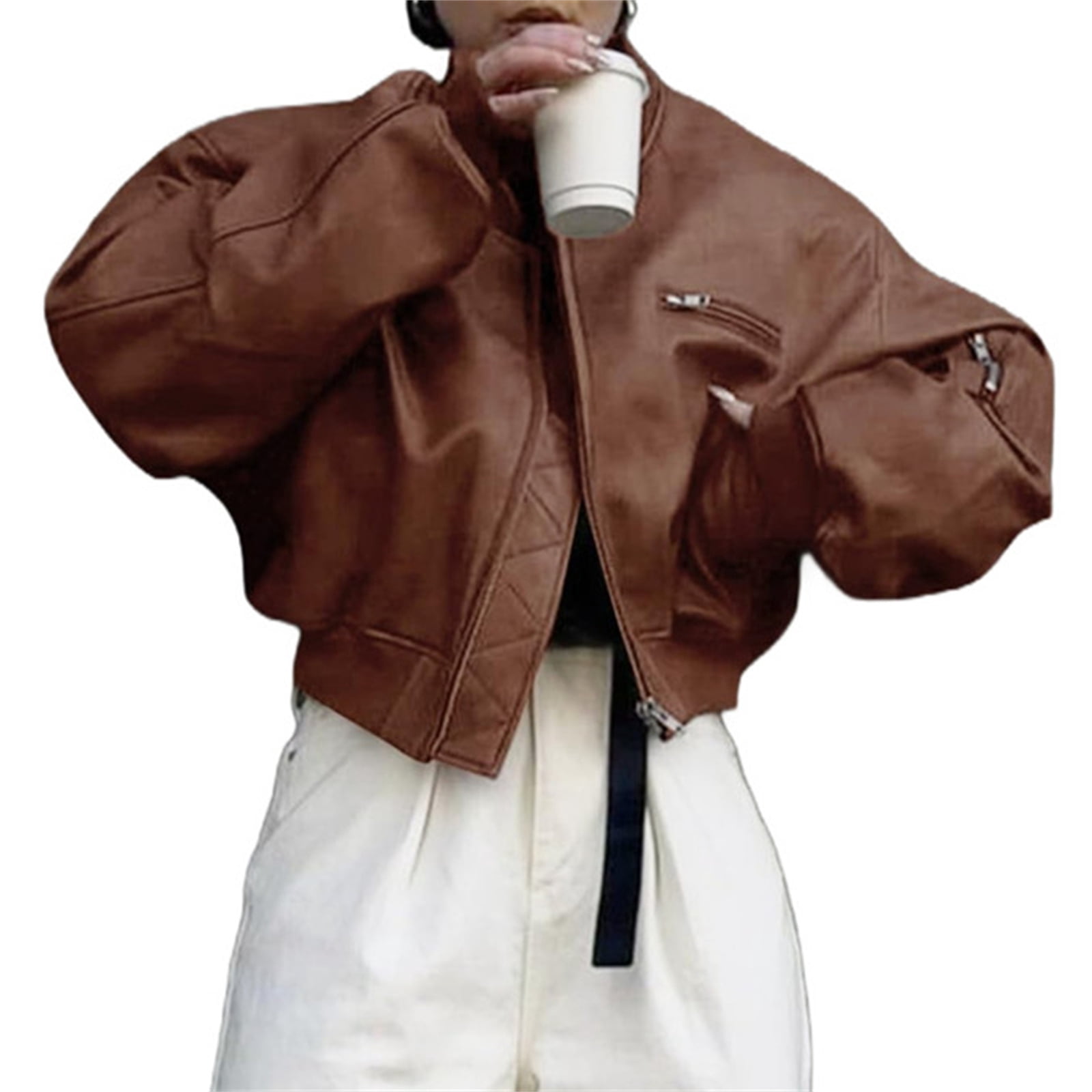Womens Faux Leather Bomber Jackets Baseball Collar Zip Up Cropped Biker Coat with Pockets
