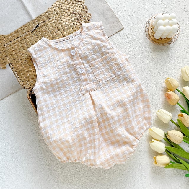 Amzcrzy Children Polyester Top Fashionable Children's Plaid Sleeveless Jumpsuit Baby Summer Breathable Bag Fart Jacket Baby Girl Clothes Baby Girl Newborn Essentials Newborn Girl Clothes