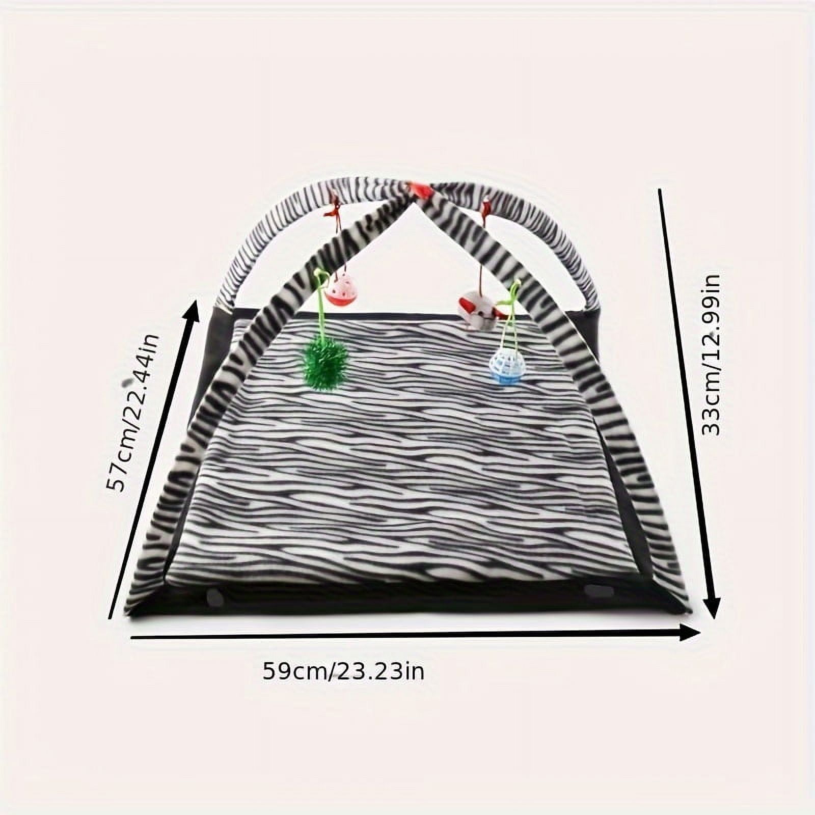 Interactive cat toy rocking activity mat for playing with cats, featuring a scratching area, hanging toys, and rolling balls