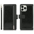 thumbnail image 7 of Allytech Wallet Case for iPhone 15 Pro, Fashion Glitter PU Leather Case with Detachable Wrist Strap, Zipper Purse Kickstand Card Slots Magnetic Closure Shockproof Protective Case - Black, 7 of 7