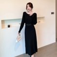thumbnail image 5 of Ropa de mujer, tiro estilo coreano, cuello redondo, manga de murciélago, hombros caídos, falda de media longitud con vuelo grande con cinturón de aguja, 5 of 5