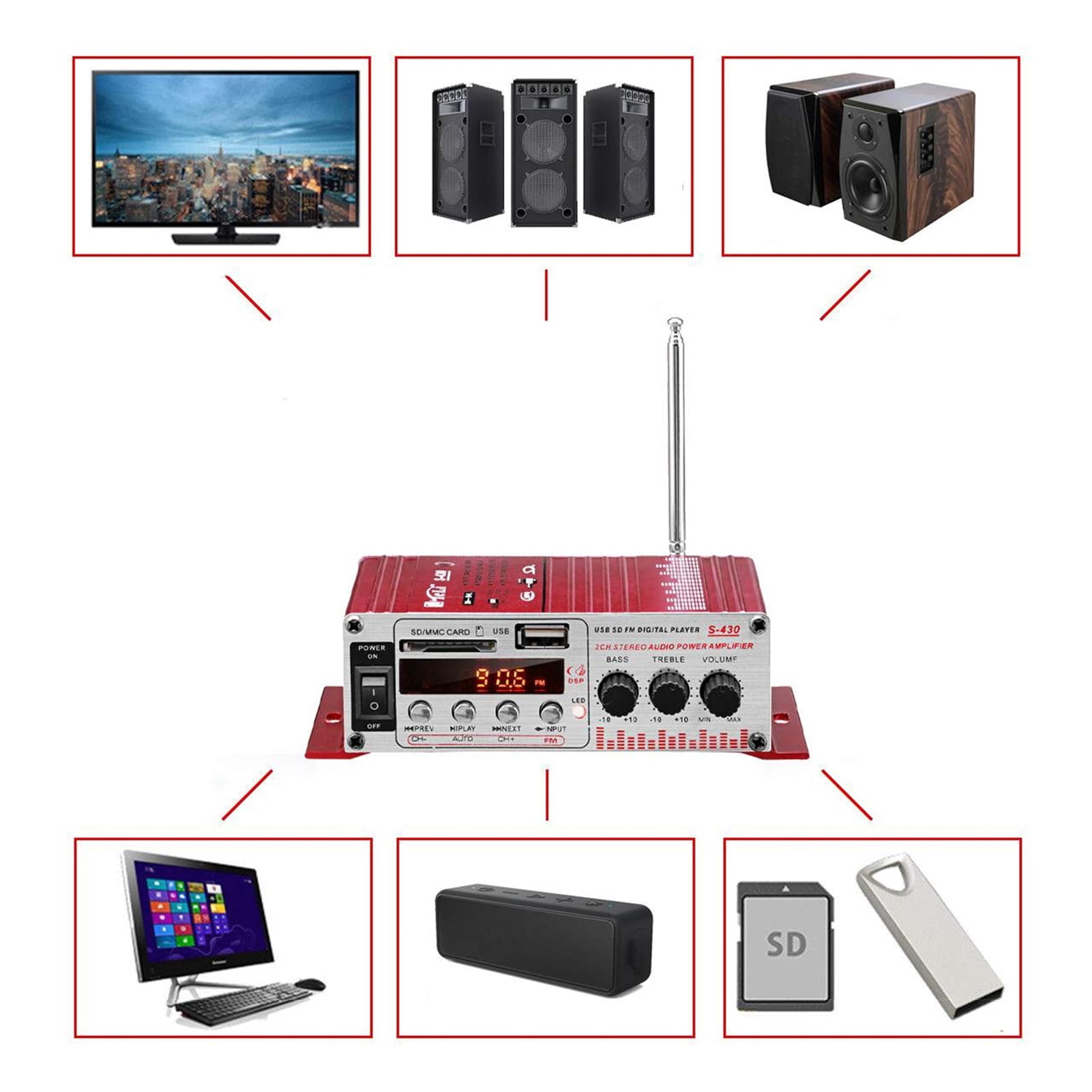 S430 600W Audio Home Digital Amplifiers LCD Display Car Audio Bass Power Amplifier FM USB SD Radio Subwoofer Speakers