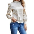 thumbnail image 3 of STARVNC Women Stand Collar Print Puff Long Sleeve Smocked Blouse, 3 of 7