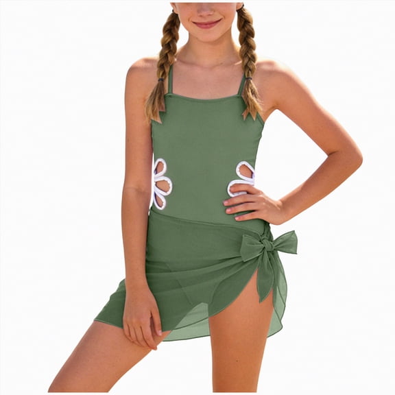 UngA Girls Swimsuit Cut Out One Piece Bathing Suit for Girls Adjustable Straps Swimwear with Cover Up Skirt (AG,11-12 Years)