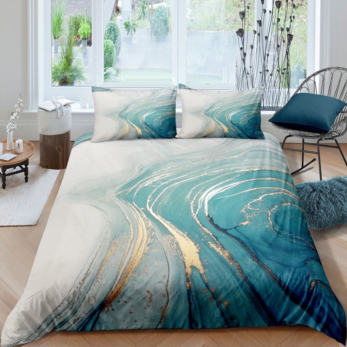 Marble Duvet Cover Teal Marble Bedding Set Blue Gold Marble Texture