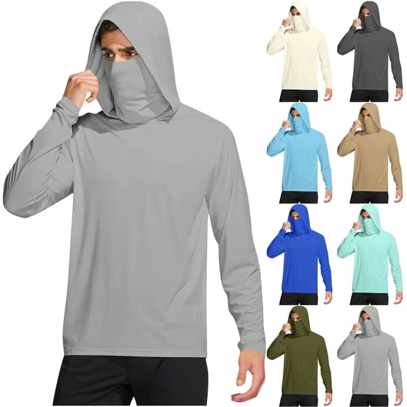 Men's Sun Protection Hoodie Long Sleeve Blouse with Mask Upf 50+ Breathable Lightweight for Outdoor Hiking Fishing Golf Beach Vacation Casual Daily Wear | IhhxPro,Khaki XL
