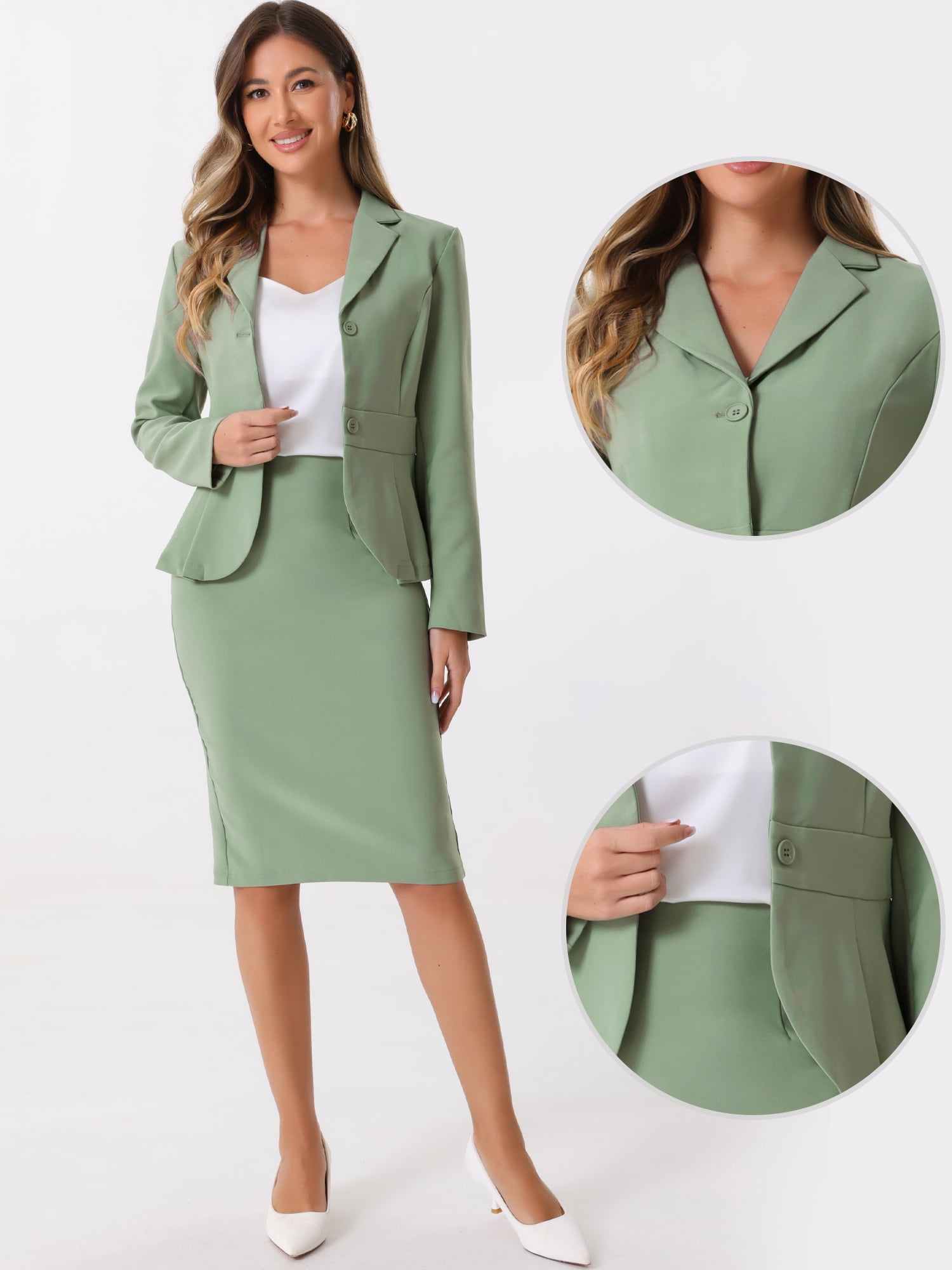 DARING DIVA Women's Peplum Blazer Pencil Skirt 2 Pcs Suit Set XS Pea Green