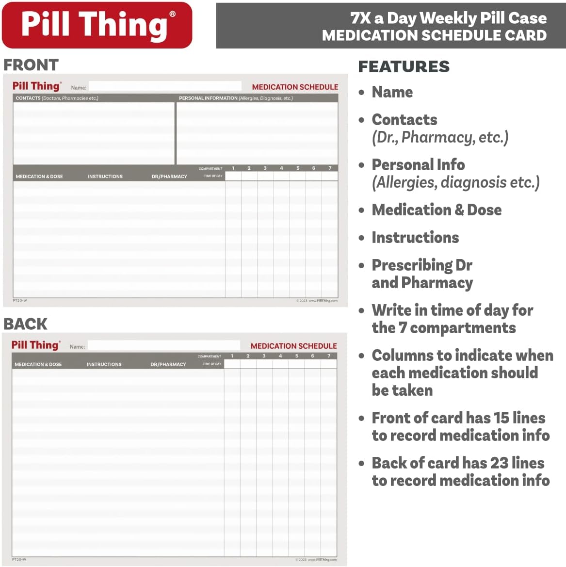 Pill Thing 7-Day Weekly Pill Box Organizer Case, Secure Small Travel Container with Medication Schedule
