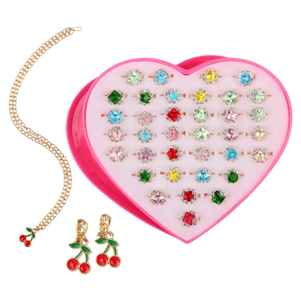39Pcs Little Girl Adjustable Rings set, No Duplication, Heart Box