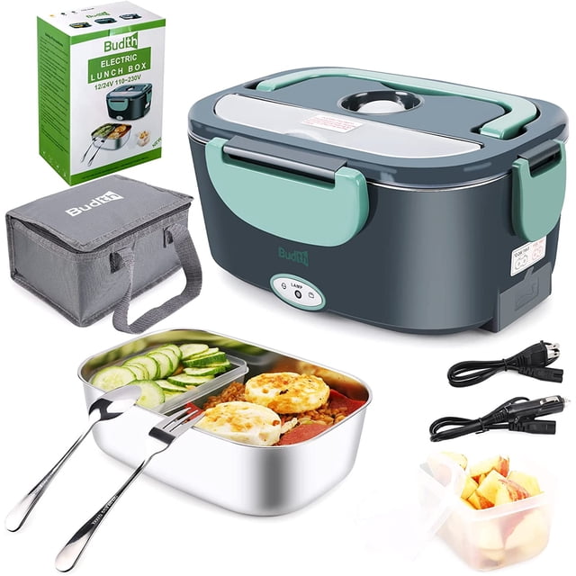 Budth Electric Lunch Box, Portable Food Warmer for Car, Truck, Office, Construction Site, 12V 24V 110V 80W Adapter, Leak Proof, 304 Stainless Steel Container, SS Fork & Spoon and Carry Bag (Green)