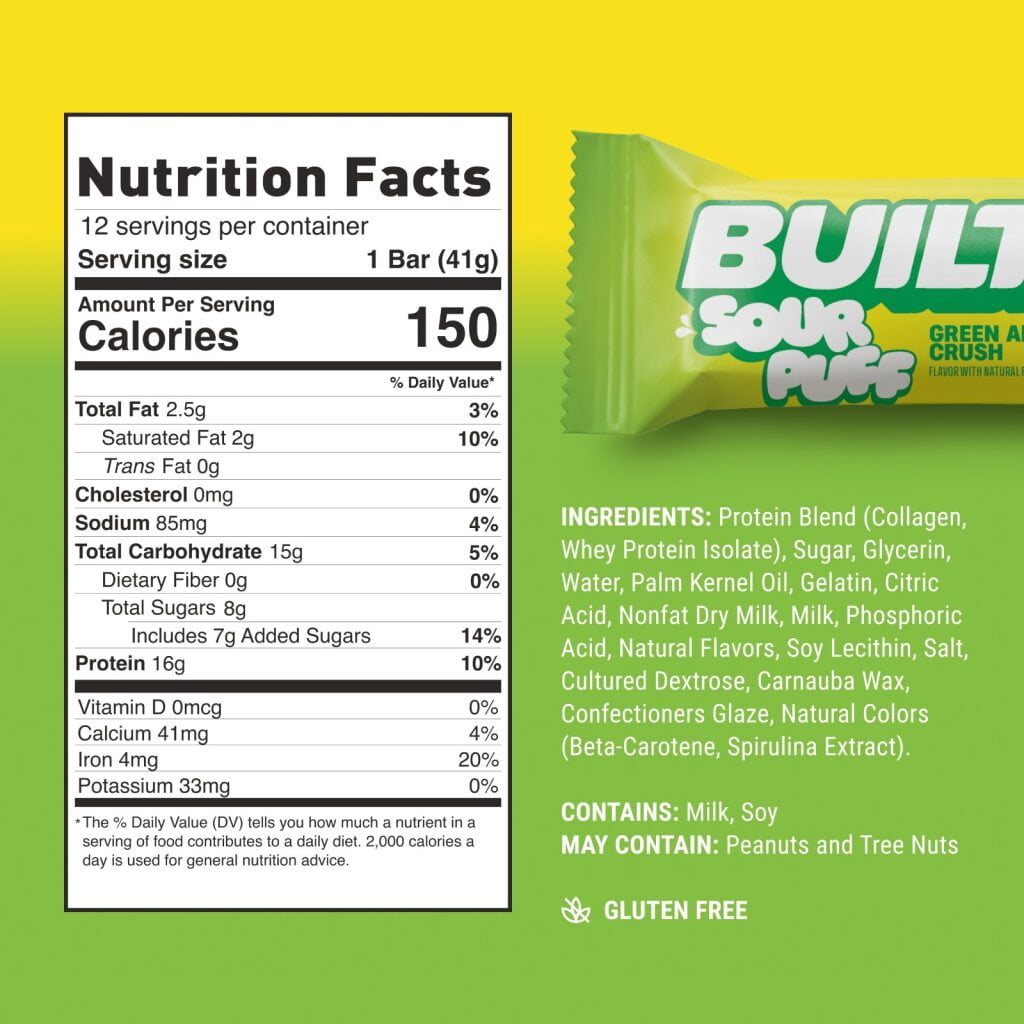 BUILT Sour Puff Protein Bar, Green Apple Crush, 16g Protein, Collagen, 150 Calories, 4 Count Box, 1.45 oz Bars