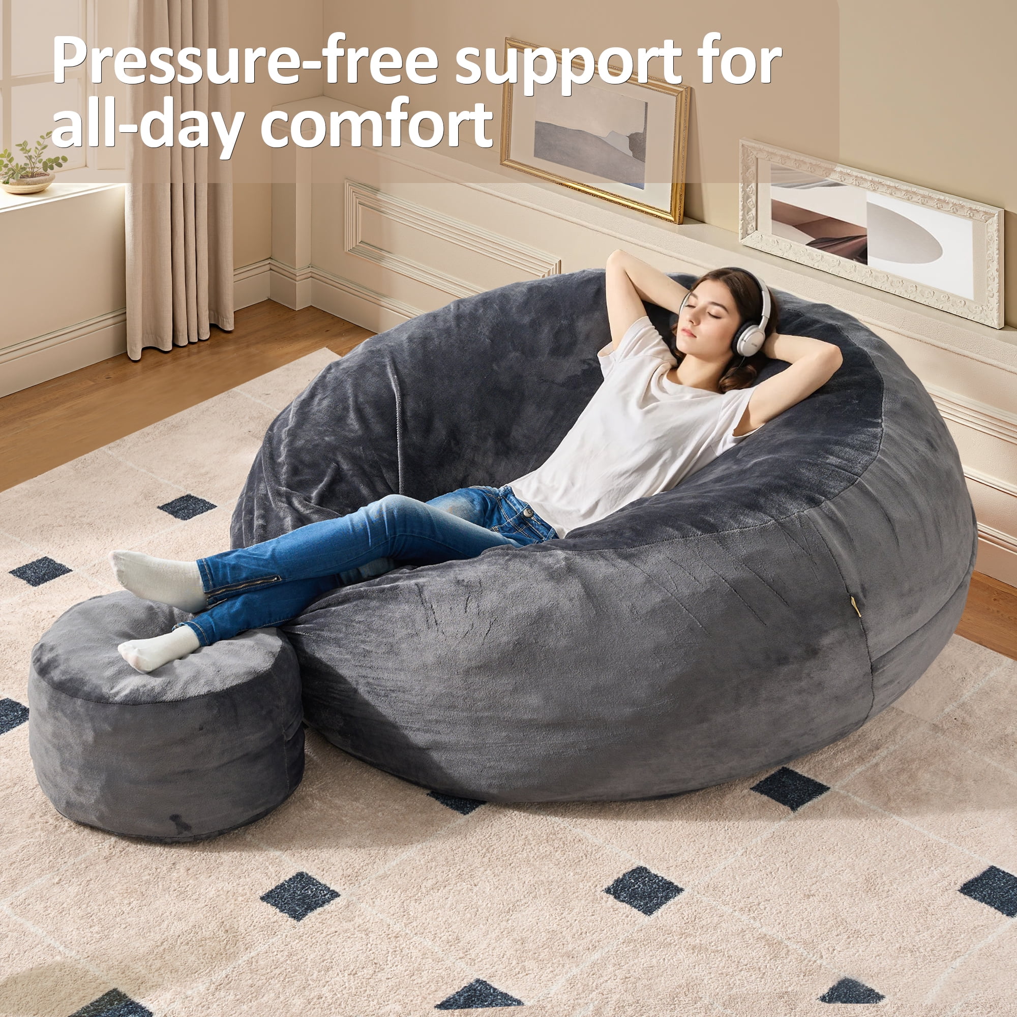 Vcatnet 59" Oversized Bean Bag Chair for Adults with Ottoman Giant Bean Bag Sofa Couch with Memory Foam Upholstered Lazy Floor Sofa for Living Room Bedroom, Dark Gray