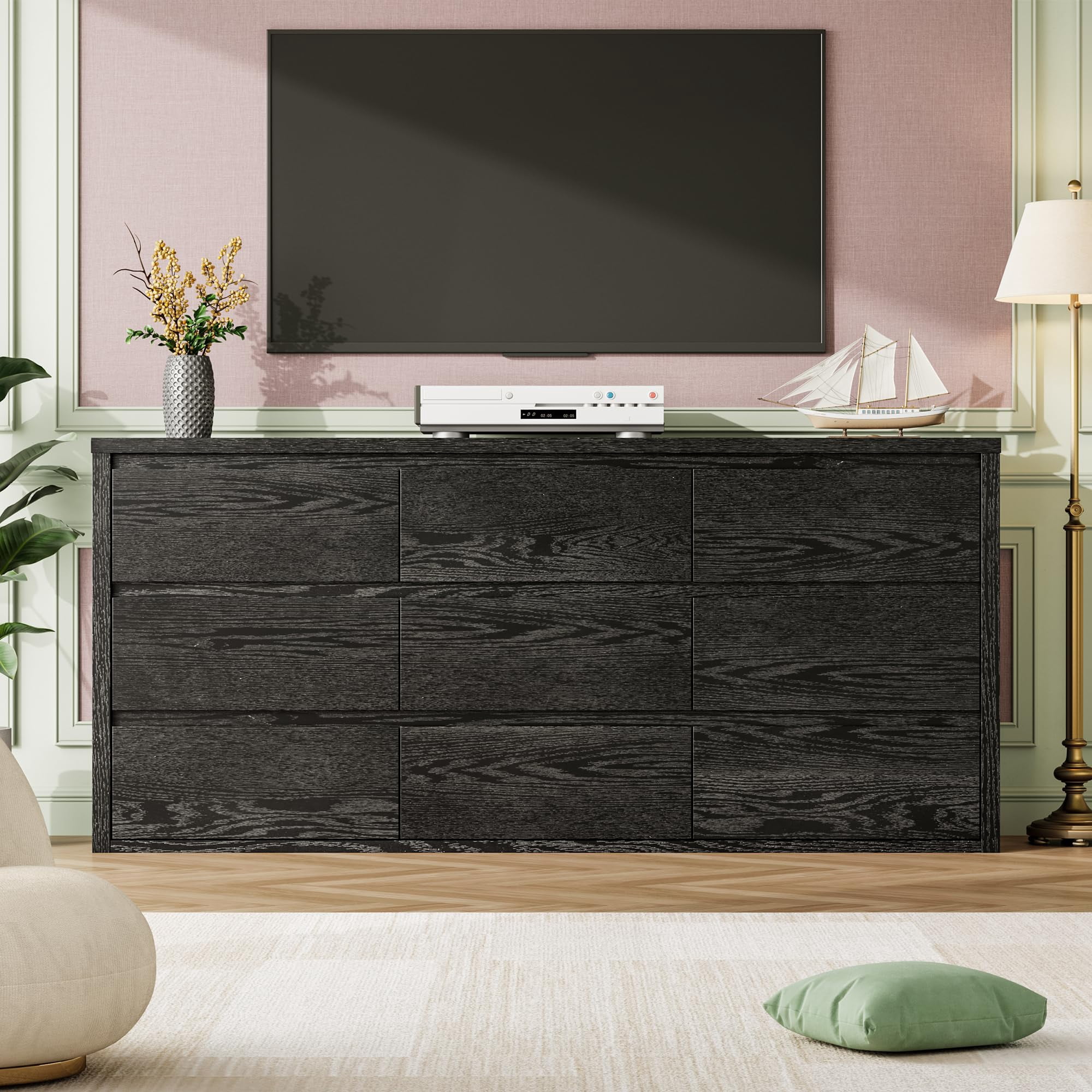 9 Drawer Dresser for Bedroom, Wide Chest of Drawers with Handleless Design, Large Wood Storage Organizer for Living Room Hallway Entryway, Black