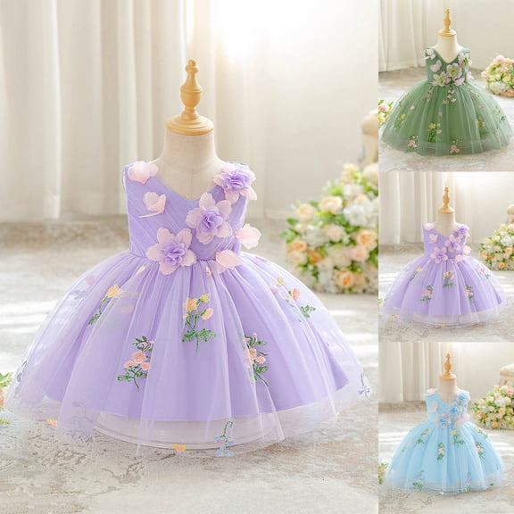 Flower Girl Dress Flower Girl Embroidery Dress Party Gown with Skirt Wedding Cute Summer Purple Dress Size 18-24 M