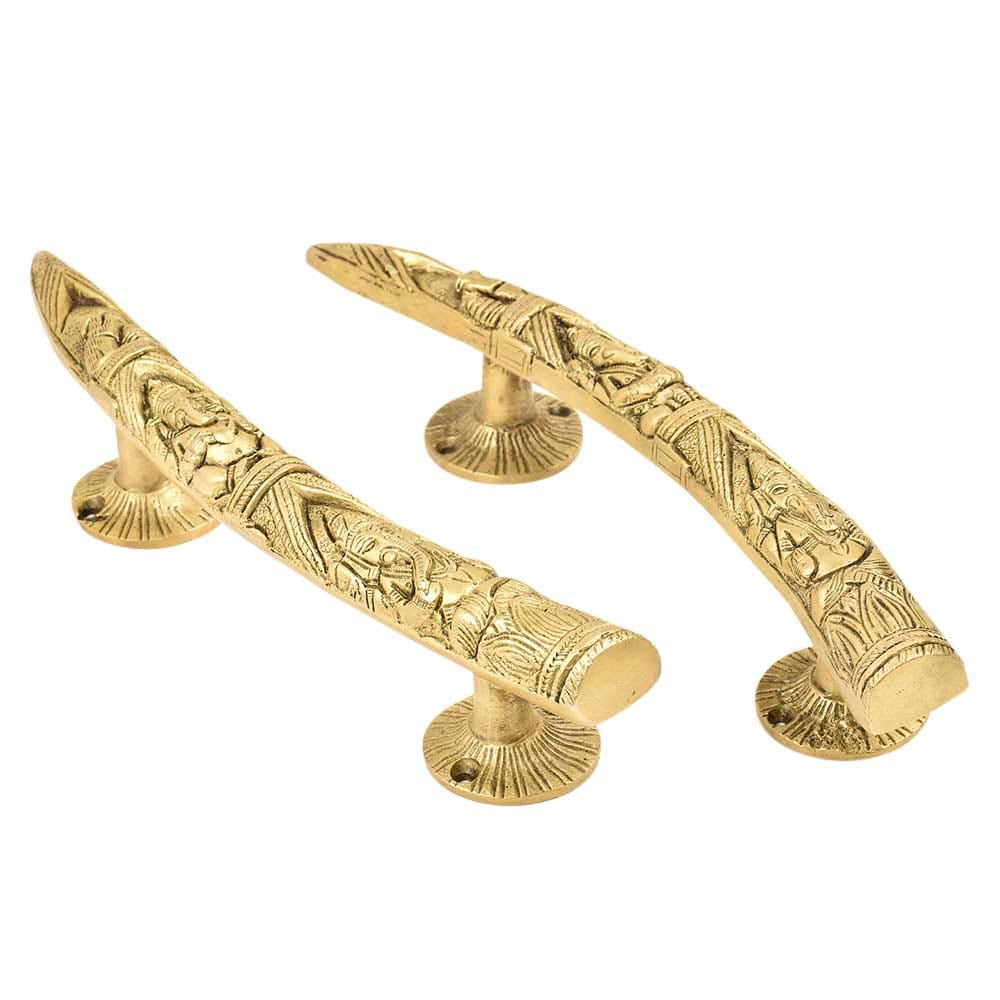 Huge Basket AM130 - Tuskar Style Ganesha Carving Brass Door Handle Pair (Antique Yellow) - 2 Pieces - Brass, Pull Handle