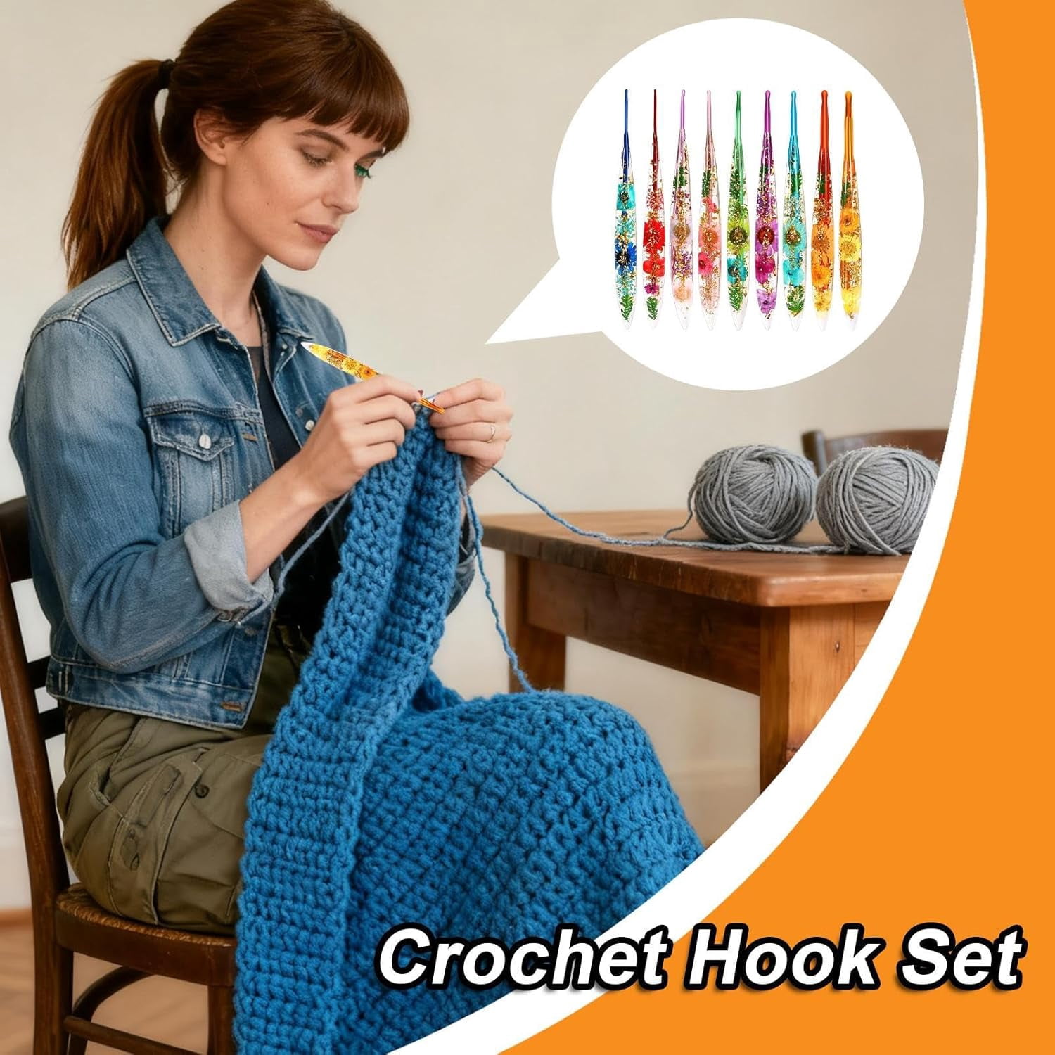 9PCS Stylish Crochet Hooks Kit, Ergonomic Yarn Tool Set, Floral Resin Hooks with Smooth Handle and Comfortable Grip