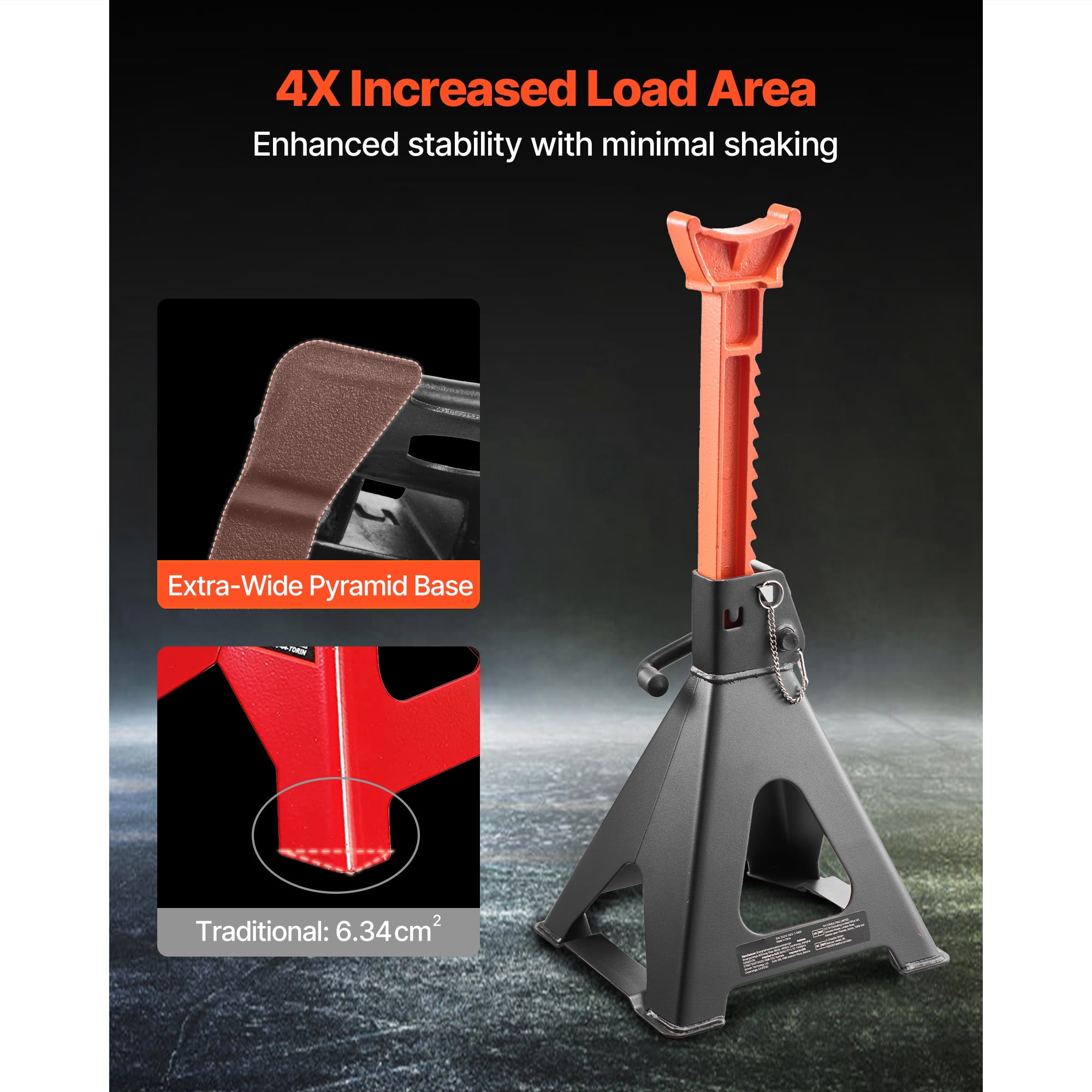 KFFKFF 6 Ton Capacity Jack Stands, Adjustable Height 14.6-22.8 in, Heavy-Duty Steel Construction with Double Locking Mechanism, Suitable for RVs, Trucks, Cars, SUVs, 1 Pair, Black and Orange