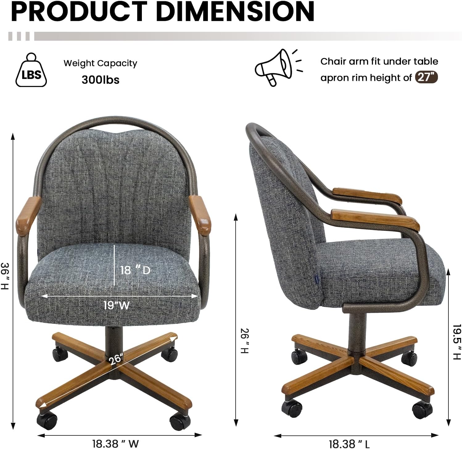 Chromcraft Set of 1 Kitchen Dining Chairs Swivel-Tilt Caster Dining Room Chairs Upholstered Memory Foam Chairs with Soft Rolling Wheels for Kitchen and Dining Room(Revive Mineral-Chestnut)