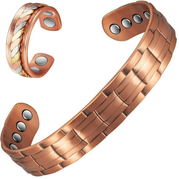 Wollet Magnetic Copper Bangles Bracelets & Ring for Men, Classic Design, Copper Jewelry Set, Christmas Gift