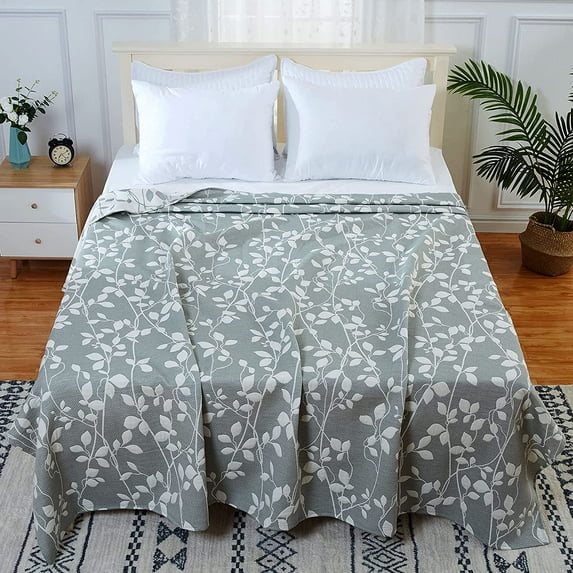 Coolmee Muslin Throw Blanket, Soft Breathable Yarn Dyed Jacquard Leaf Pattern Cotton Throw Blankets for Couch Bed Sofa, Blankets for Adults, Machine Wash,Bluish Grey, 50 x 60 inches