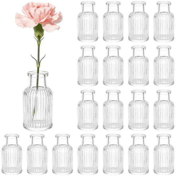 20 Pcs Glass Bud Vases, Clear Small Glass Vase Set, 3.0 x 1.7 in Mini Vases with Ribbed Design for Fresh and Dried Flowers, Aroma, Vintage Table Centerpieces for Wedding Party Reception Home Decor