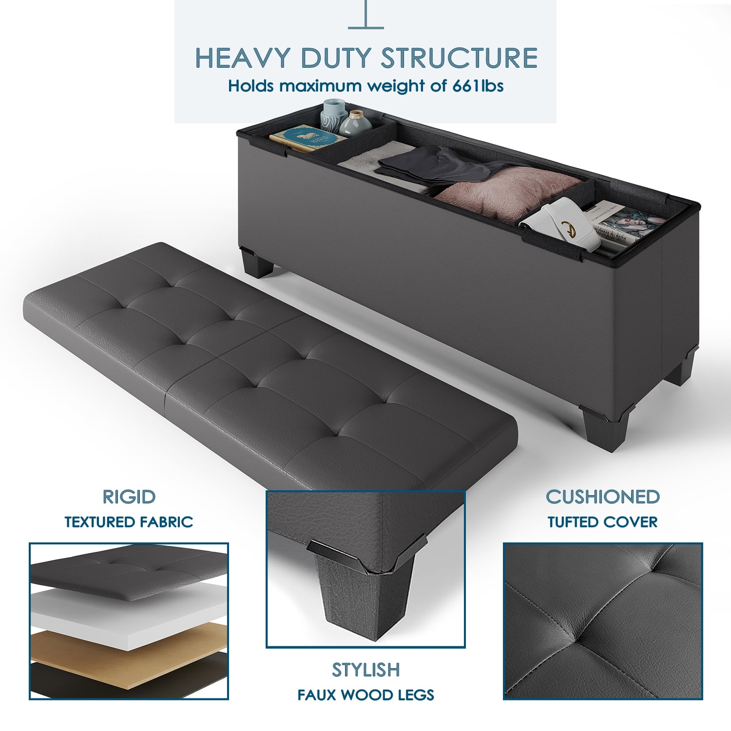 StorageBud Ottoman with Storage Bench, 43-inch Storage Ottoman, Leather, Gray