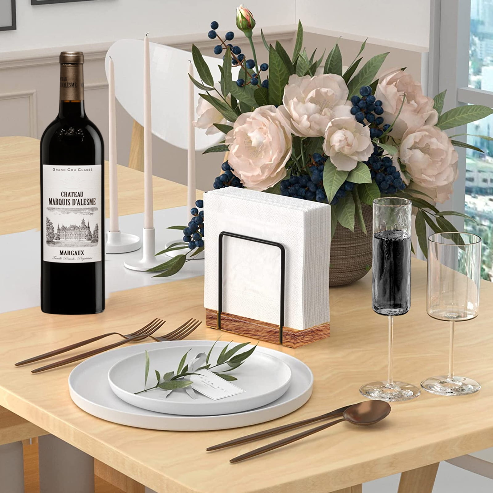 Tripumer Table Napkin Holder Wooden Iron Standing Paper Towel Organizer for Kitchen Cocktail Picnic 6x3x5.3inch Rectangle Black