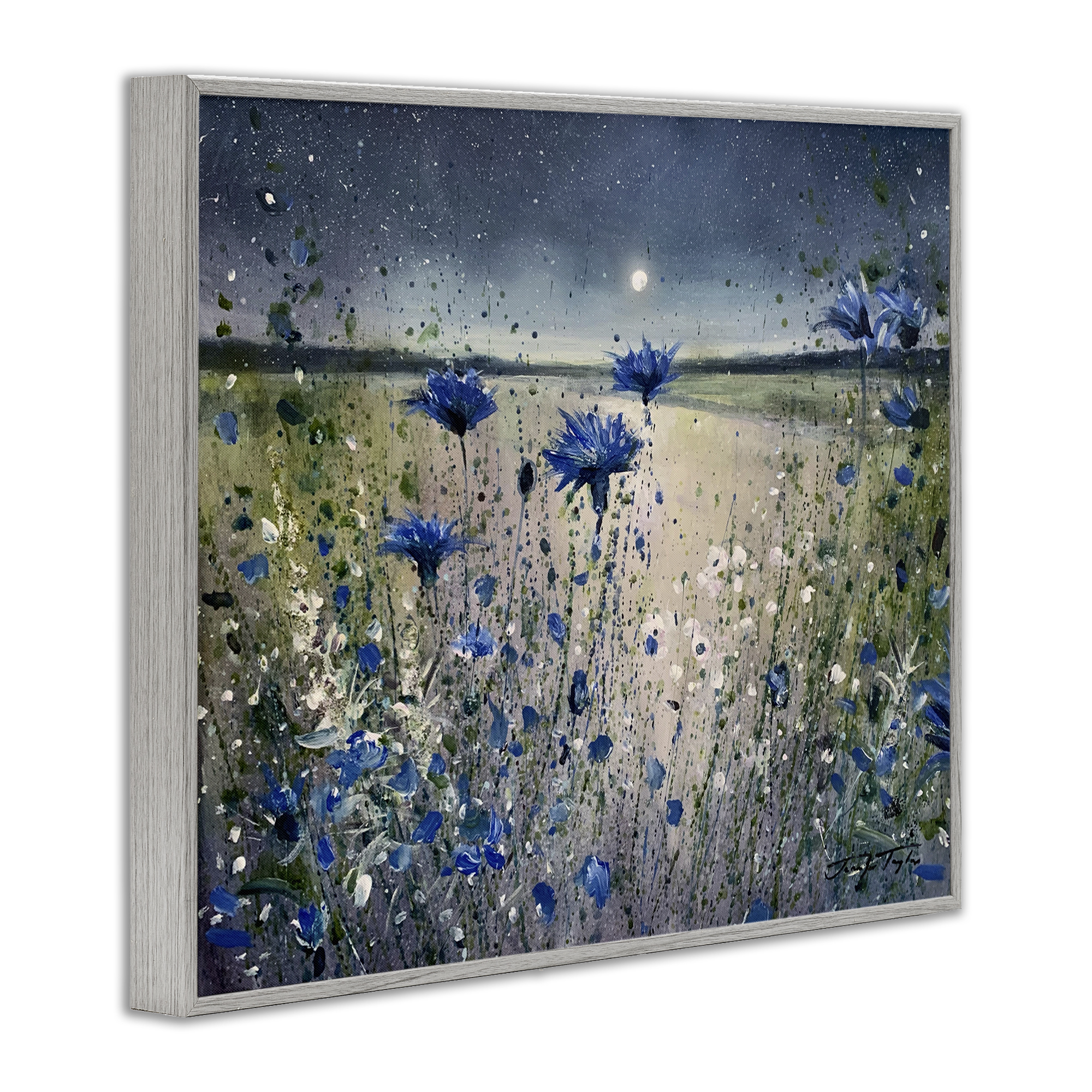 Moon over Blooming Flowers Gray Framed Giclee Art, 14 x 11