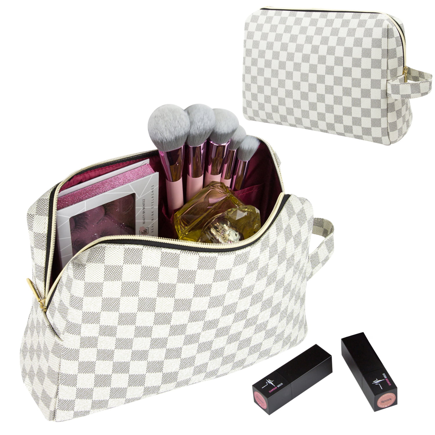 Luxouria Checkered Makeup Bag for Women - Luxury Travel Cosmetic Bags -  Leather Toiletry Pouch - Walmart.com