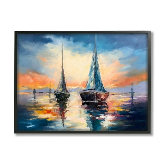 Stupell Industries Sailboats and Ocean Sunset Transportation Painting Black Framed Art Print Wall Art, 14 x 11