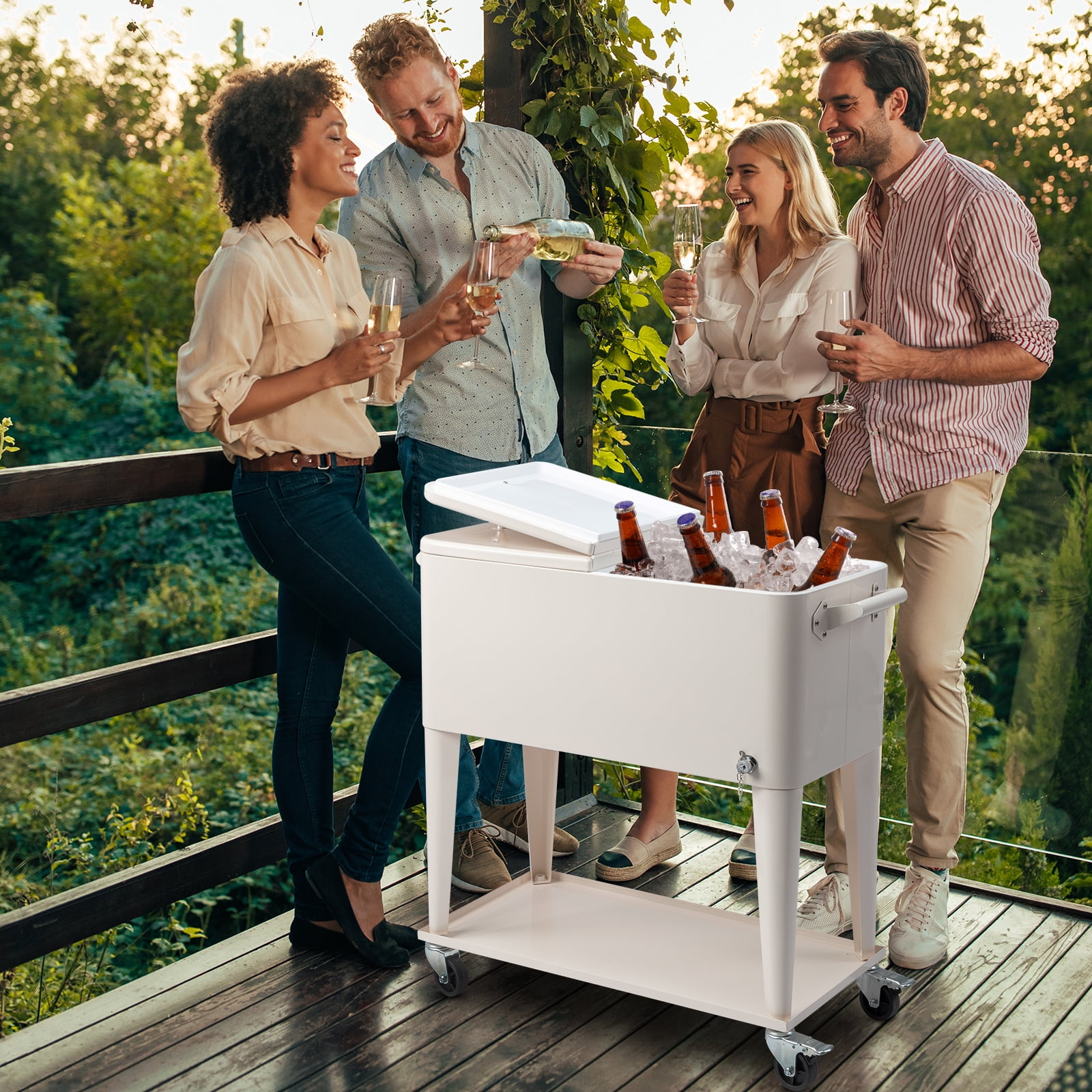Ktaxon 80 Qt Rolling Ice Chest Cooler Cart Outdoor Trolley with Storage Shelf, Bottle Opener & Cap Collector for 48 Hour Cold Drinks,White