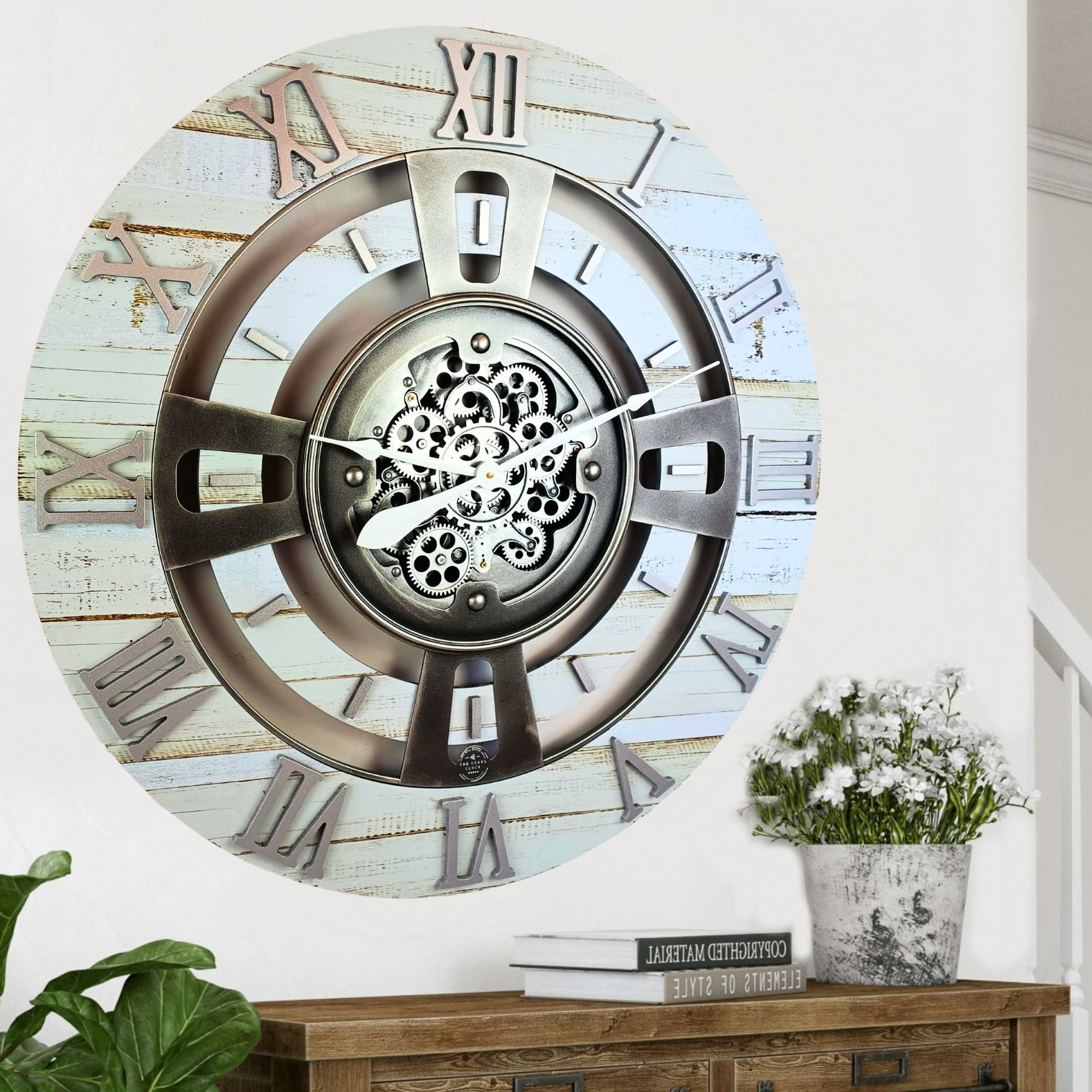 THE GEARS CLOCK Wall Clock with Real Moving Gears EN-LI_ 36 in Round Desert-Beige