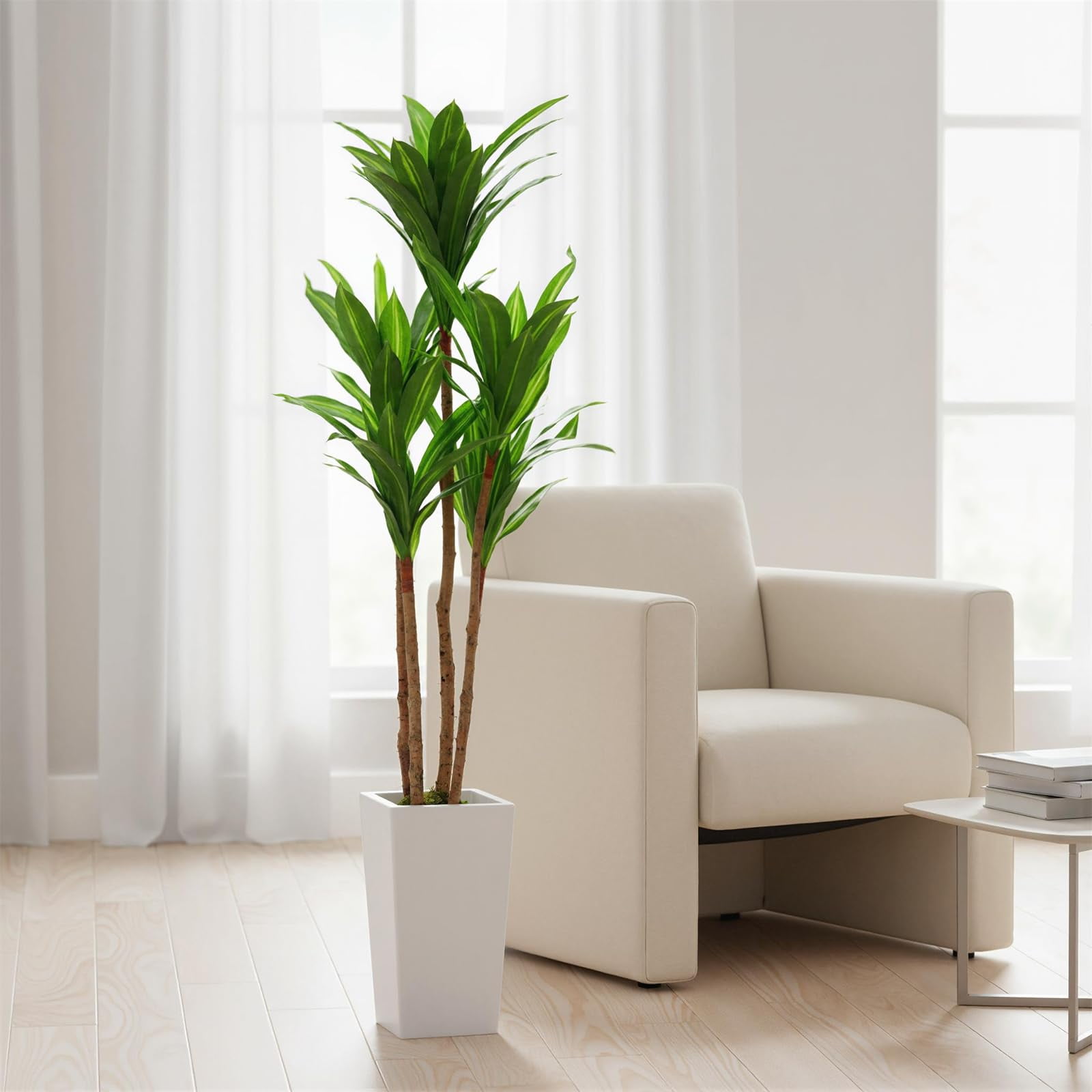 Accreate Faux Banana Tree Artificial Plant, Fake Potted Tropical Evergreen with Tall White Planter for Living Room, Entryway, Porch, or Office