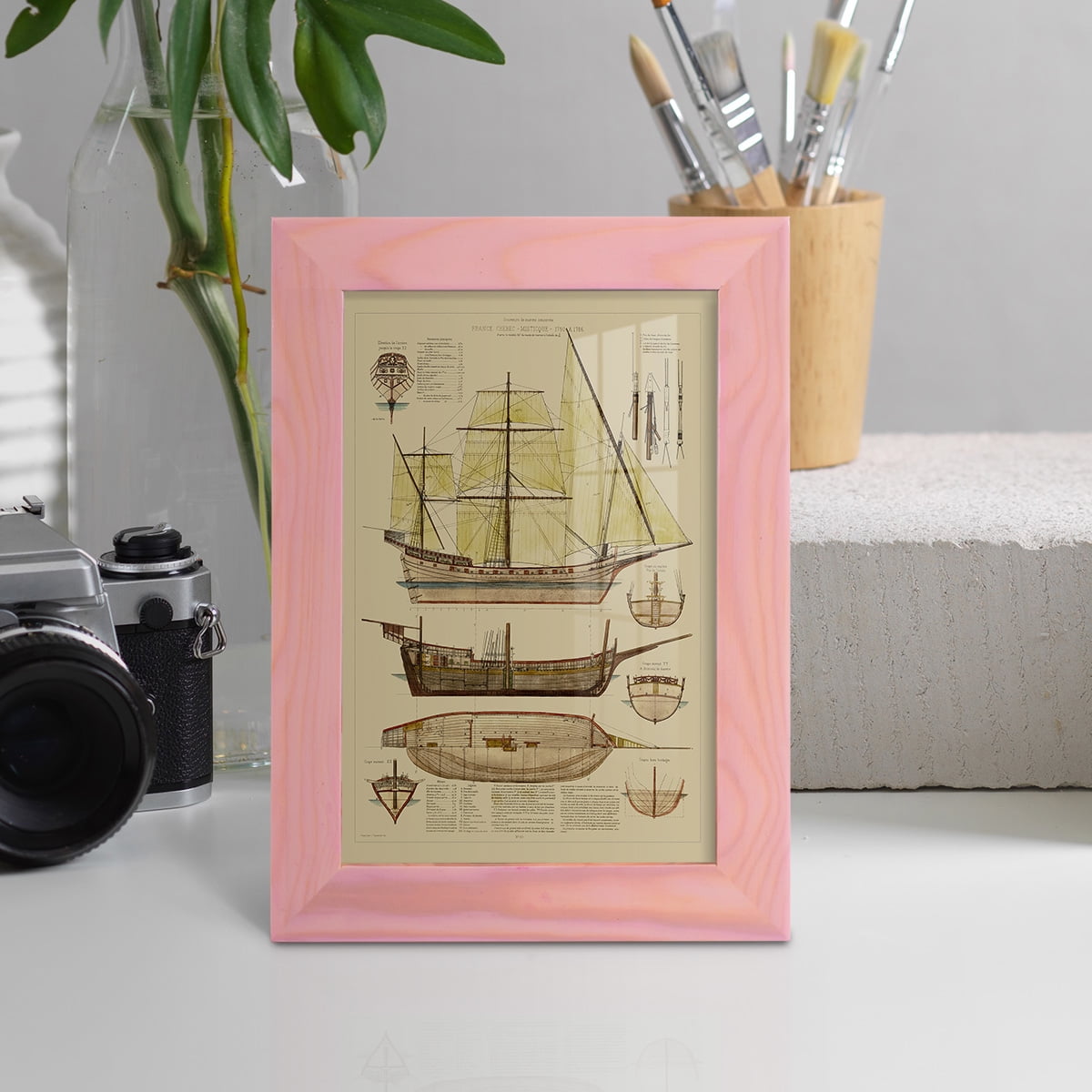 Antique Ship Plan II -Framed Print w/glass-Sunset Pink