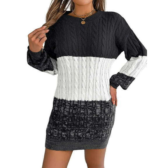 Women'S Autumn Winter Elegant Patchwork Lantern Sleeve Cable Knit Sweater Dress Black L