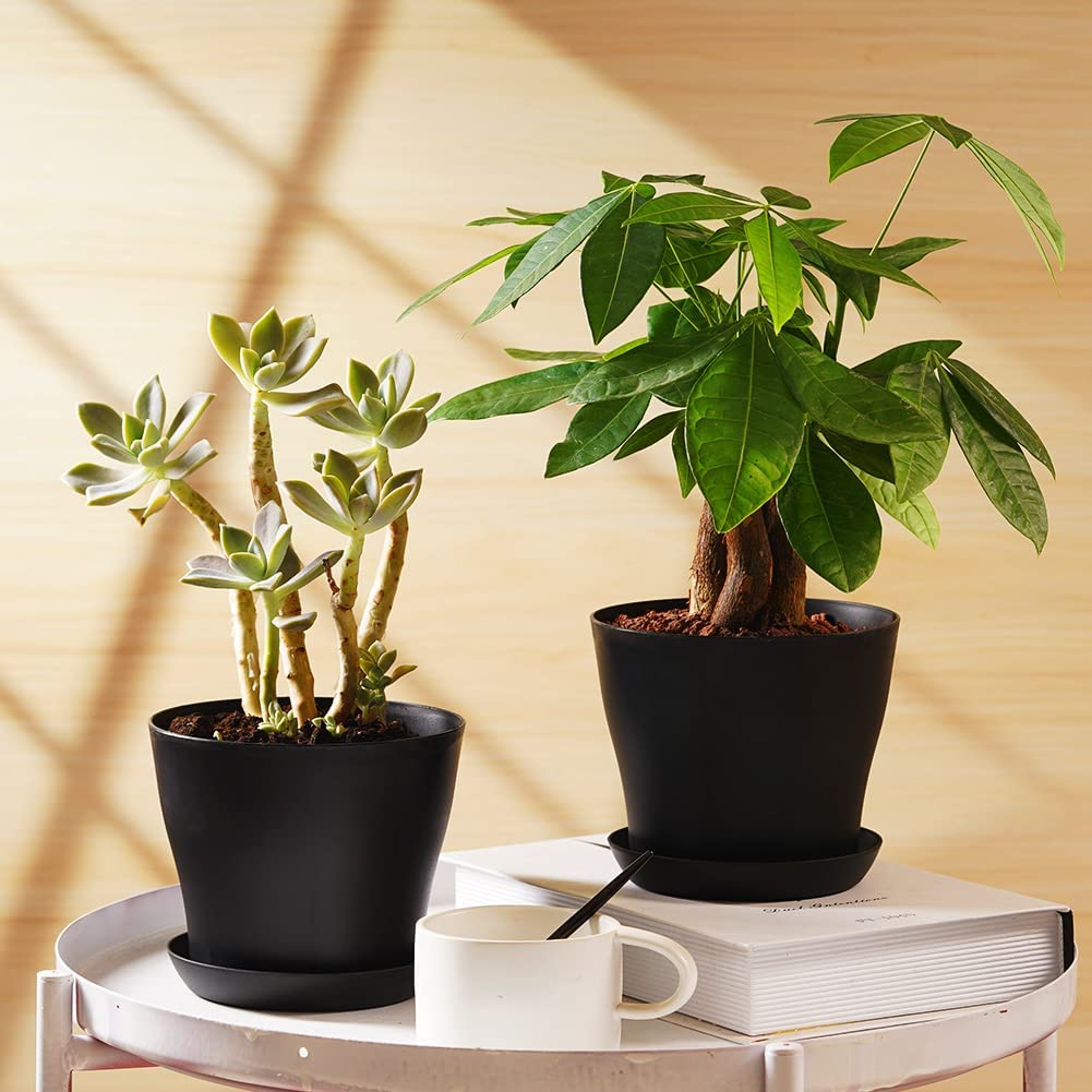 Plastic Planters Indoor Set of 8,Topboutique Flower Plant Pots Decorative Gardening Pot with Drainage and Saucer for All House Plants, Herbs, Foliage Plant, and Seeding Nursery Pots (4.7", Black)