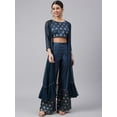 thumbnail image 4 of Janasya Indian Women's Teal Poly Silk Foil Print Crop Top with Palazzo and Jacket, 4 of 10