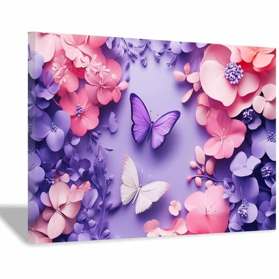 Mudket Paper Art Pink and Purple Flowers with Butterflies Canvas Wall Art, Floral Wall Decor, Framed Ready to Hang Artwork for Living Room Bedroom - 12"L x 8"W