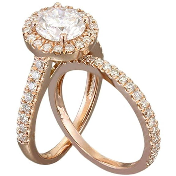 HeartsAndYou Halo Bridal Set Engagement Ring for Women 2ct Round Cut Moissanite 18k Rose Gold Over Silver