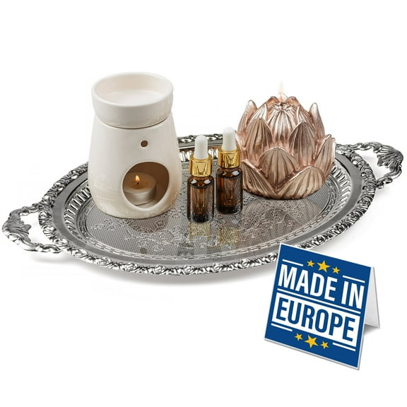 Crystalia Silver Metal Ottoman Coffee Tea Beverage Serving Tray, Large Fancy Decorative Ellipse Design, Vintage Cocktail Tray, Elegance Oval Serving Trays for Ottomans