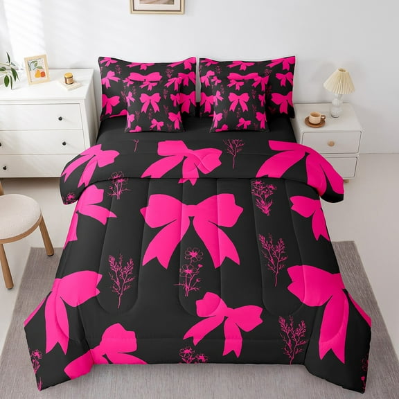 Erosebridal Princess Bow Bedding King Size, Girly Blossoms Comforter Sets with Sheets, Black Hot Pink Home Decoration, Reversible 7-Piece