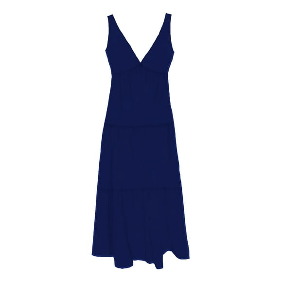 TAYLOR Womens Navy Smocked Sheer Pullover Tiered Lined Sleeveless V Neck Midi Fit + Flare Dress Petites 2P