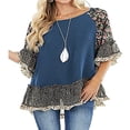 thumbnail image 4 of Women 3/4 Sleeve Solid Floral Hem Leopard Print Blouse Loose Top, 4 of 6