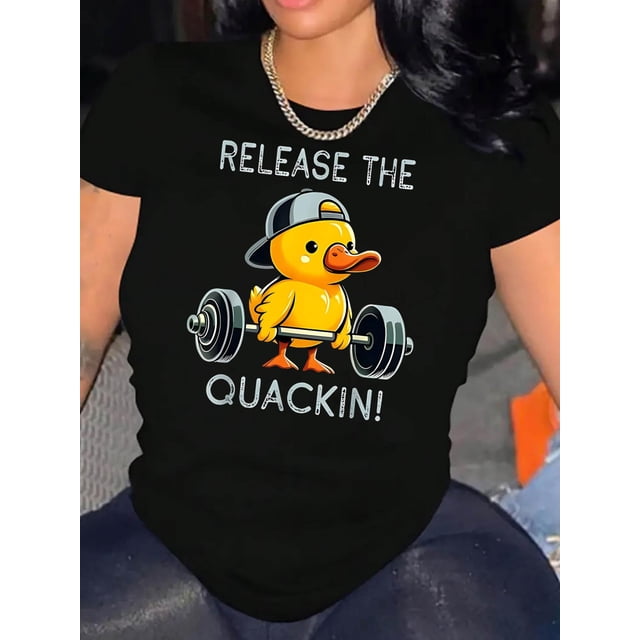 Camiseta para mujer veranoCreative Barbell Duck Pattern Printed Women'S Trendy Round Neck Short Sleeve, Simple Casual Sports T-Shirt, Comfortable Summer Top for Women During Holidays.Father's Day, M