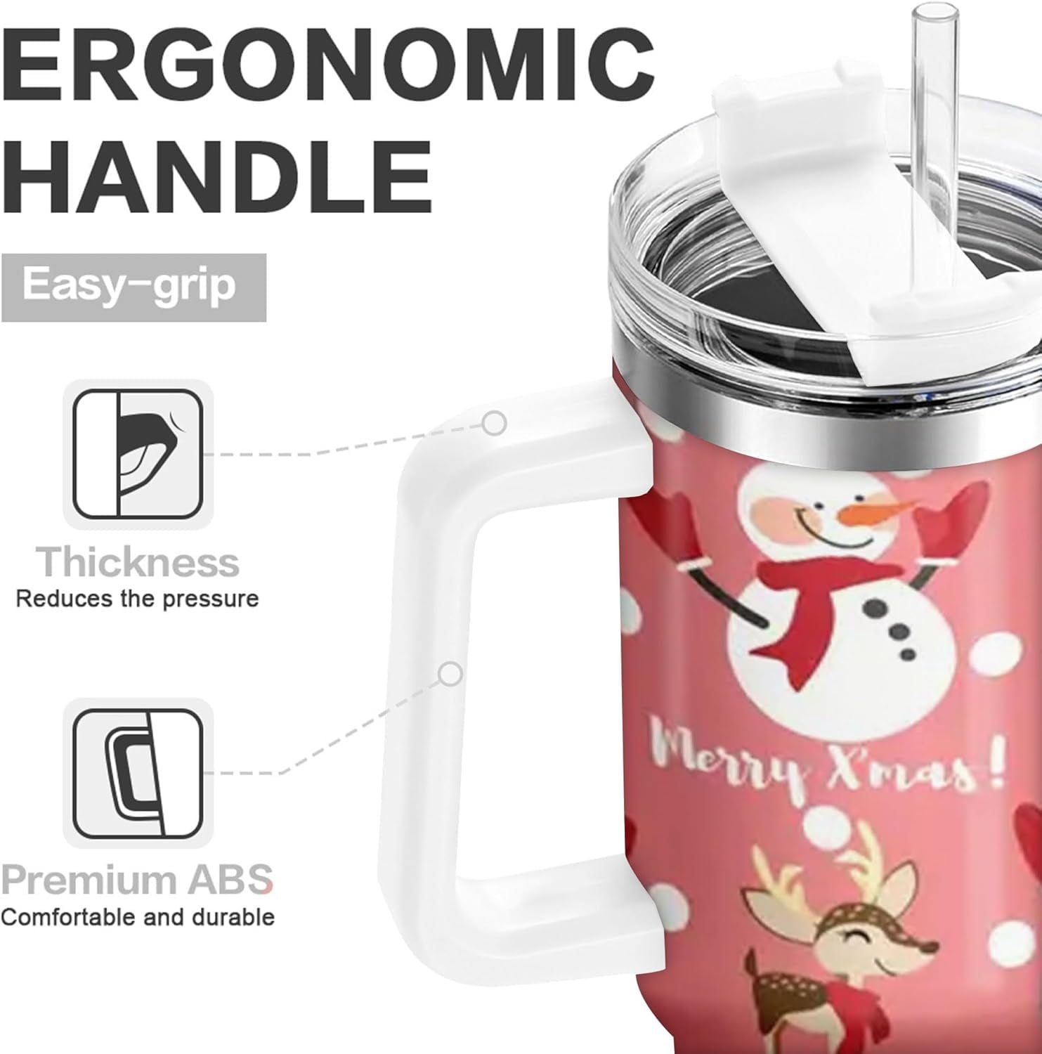 40oz Holiday Santa & Snowman Tumbler - Single Pack, Stainless Steel Insulated with Lid, Handle, Straw, Ideal for Hot and Cold Drinks, Car, Office, Home