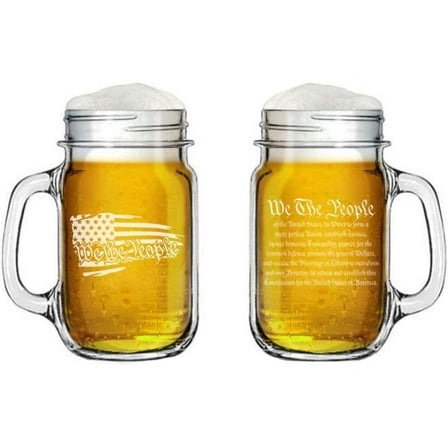 16oz Mason Jar Glass Mug w/Handle Two Sided Gift We The People American Flag