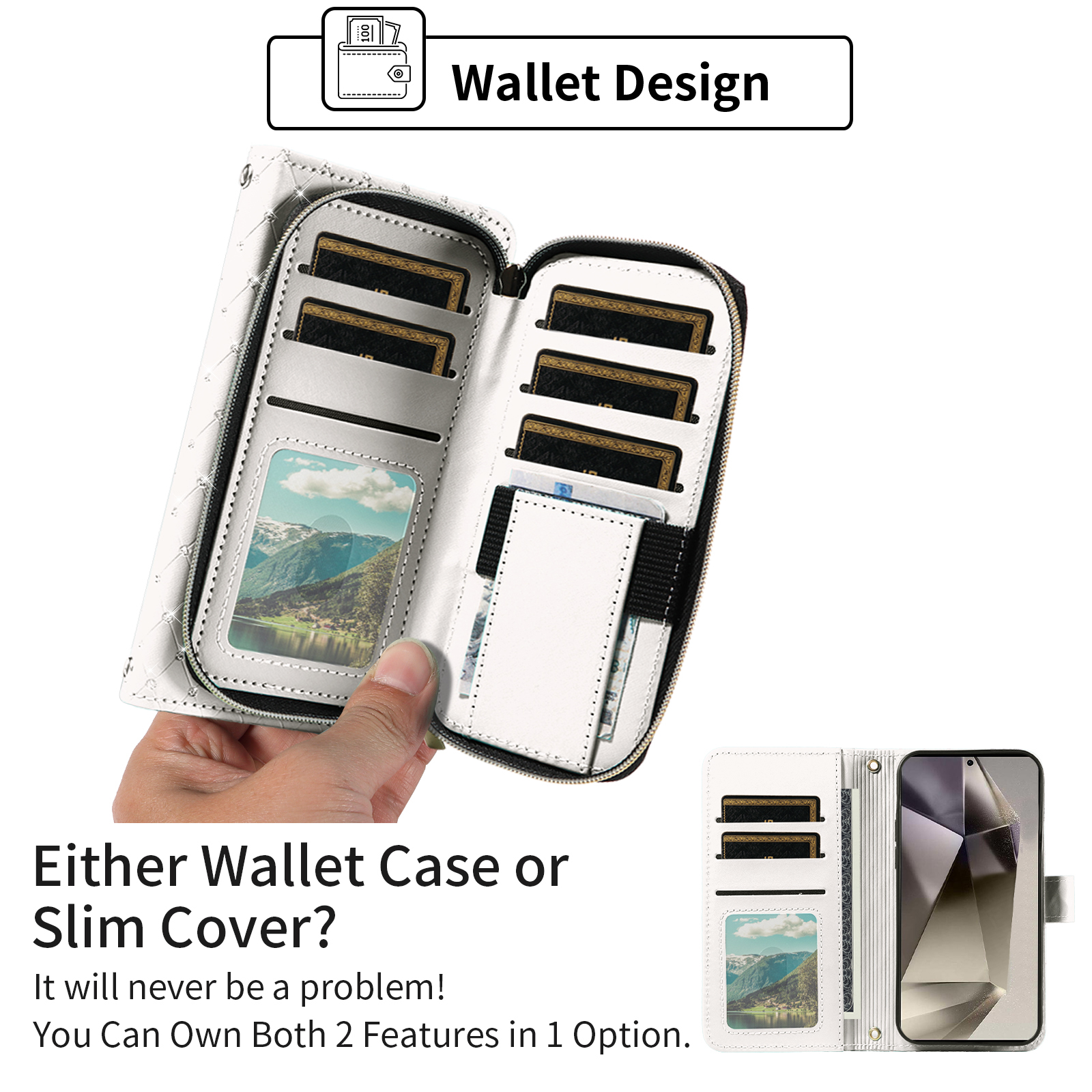 Compatible with Samsung Galaxy S24 Ultra 5G Wallet Phone Case Tempered Glass Screen Protector Bling Glitter Crossbody Lanyard Strap Flip Zipper Purse Card Holder Cell Cover for S24Ultra 24S 24u White