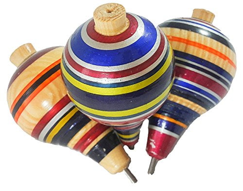 IER Mexican Trompos 3 Pack Wooden Spin Tops Metal Tips Made in Mexico Premium Quality 3 Pack, Assorted Colors 