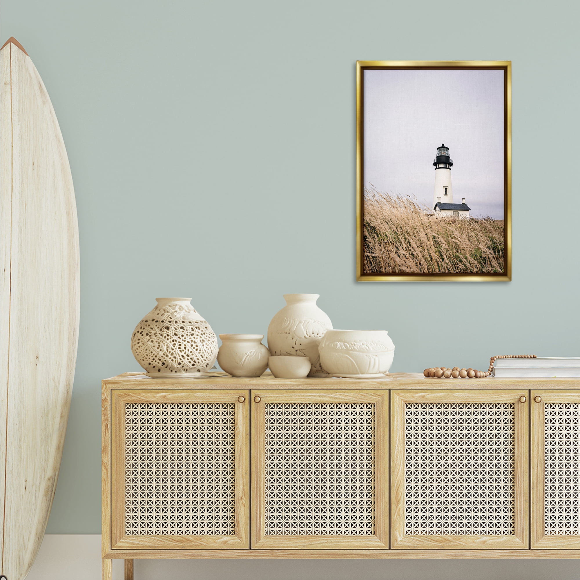 Stupell Industries Peaceful Lighthouse Scenery Landscape & Nature Photography Gold Floater Framed Canvas Art Print Wall Art, 21 x 31